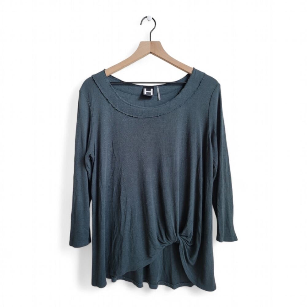 Knot Front Stretchy Long Sleeve Top Size Large Fine Ribbed Turquoise